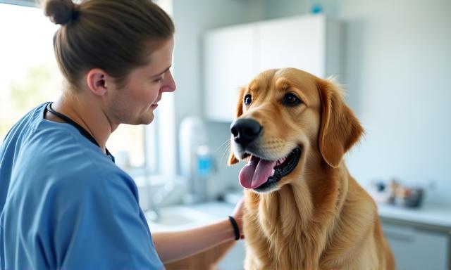 Un veterinario che visita un cane in una clinica moderna