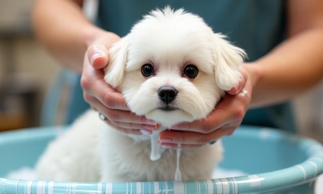 Un cane di piccola taglia durante una sessione di toelettatura professionale