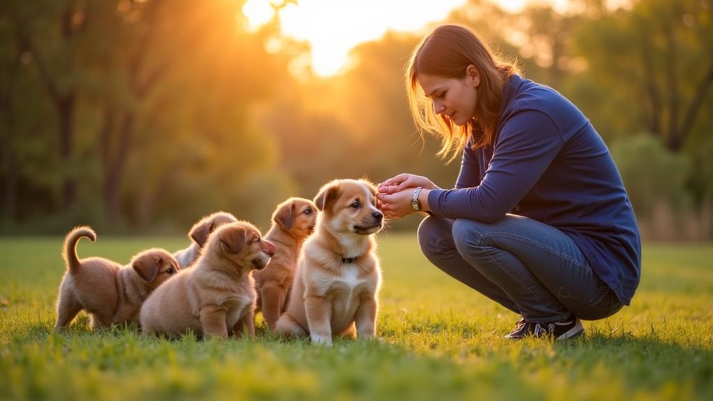 Allevatore professionista che interagisce con cuccioli in un ambiente naturale ed etico