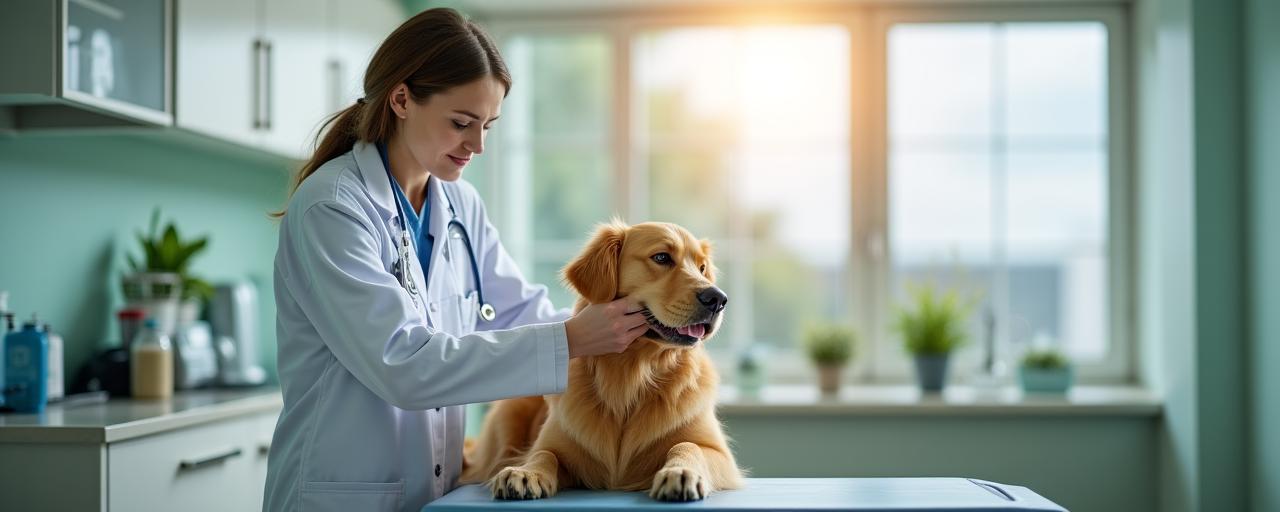 Veterinario che visita un cane in una clinica moderna